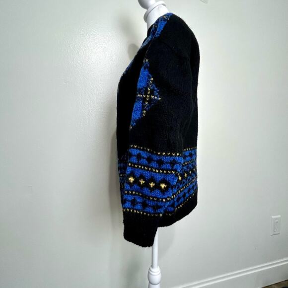 Vintage Plaid Wool Cardigan Sweater Medium 80s Womens Warm Blue Black Yellow - Picture 4 of 13